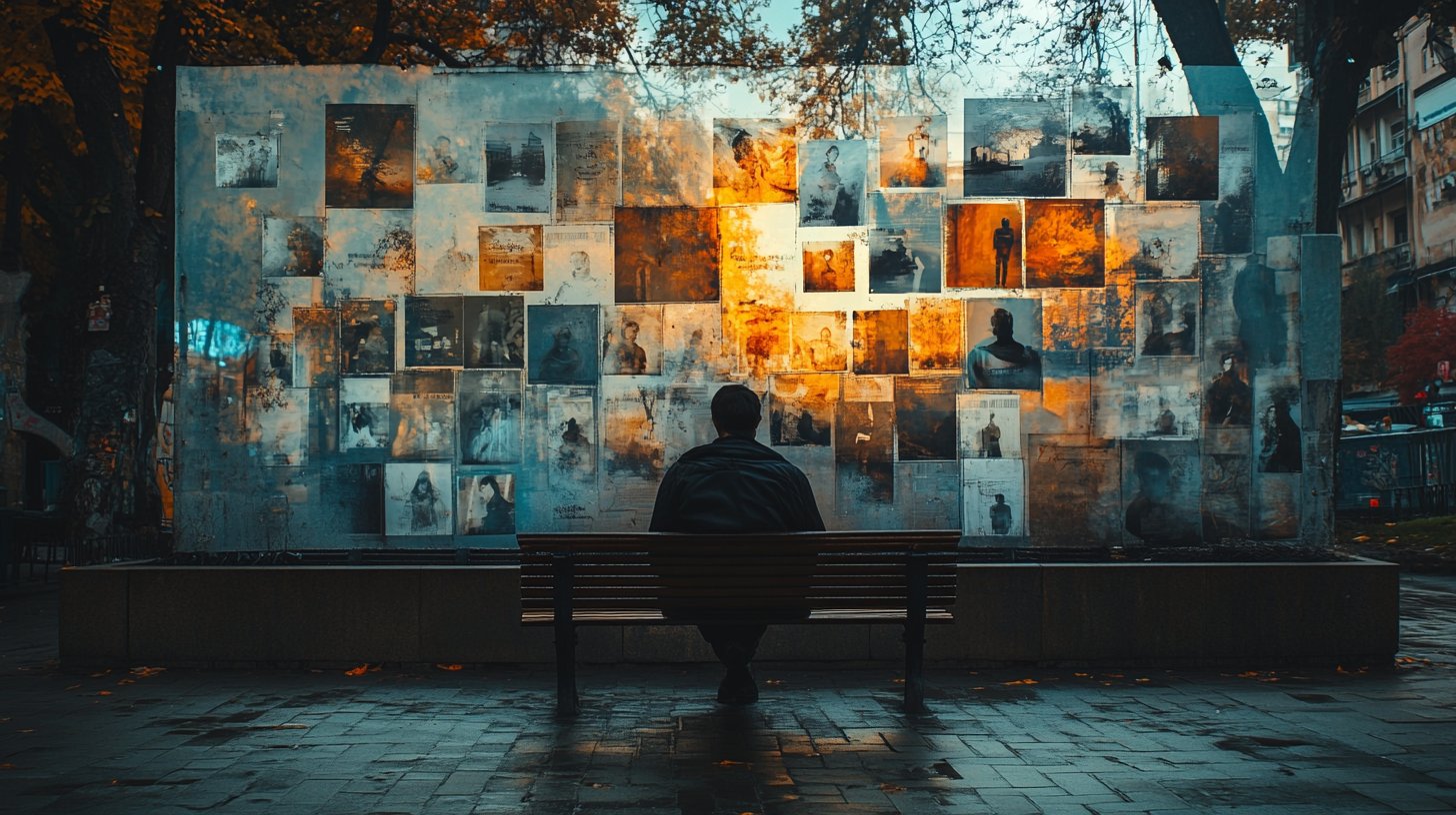 Eine einsame Figur auf einer Parkbank, umgeben von verblassten Bildern ihrer Freunde.