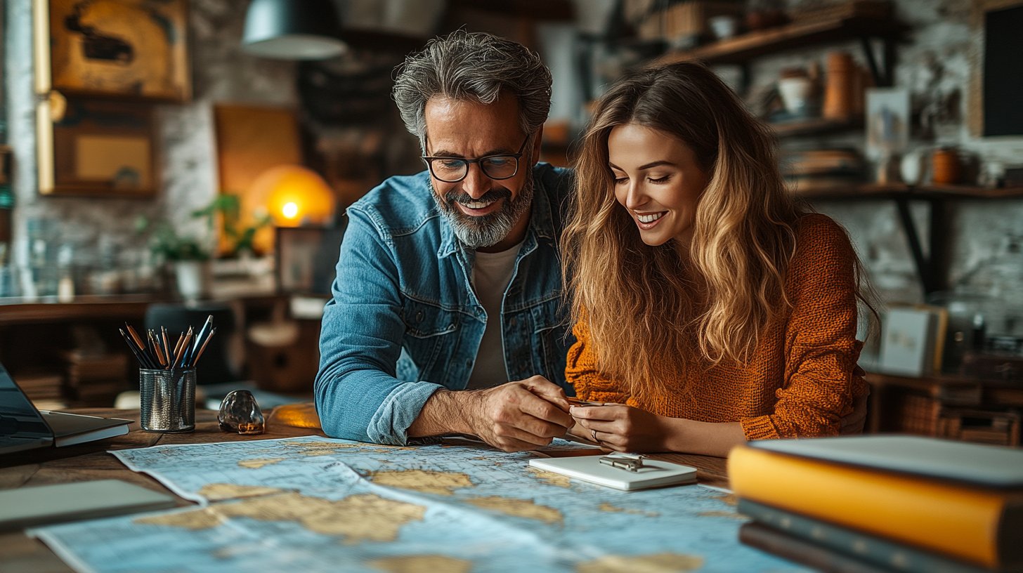 Ein Paar plant freudig seine gemeinsame Zukunft voller Träume.