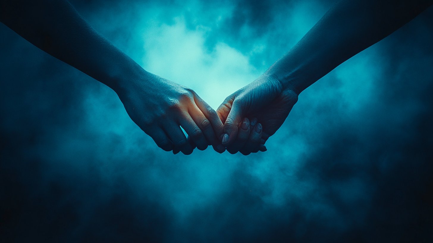 Eine Person zögert, die Hand eines Partners zu halten, während dunkle Wolken Angst darstellen.