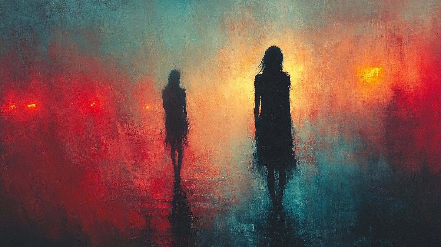 Eine Figur beobachtet vorsichtig ein Paar, was Misstrauen und Unsicherheit verdeutlicht.