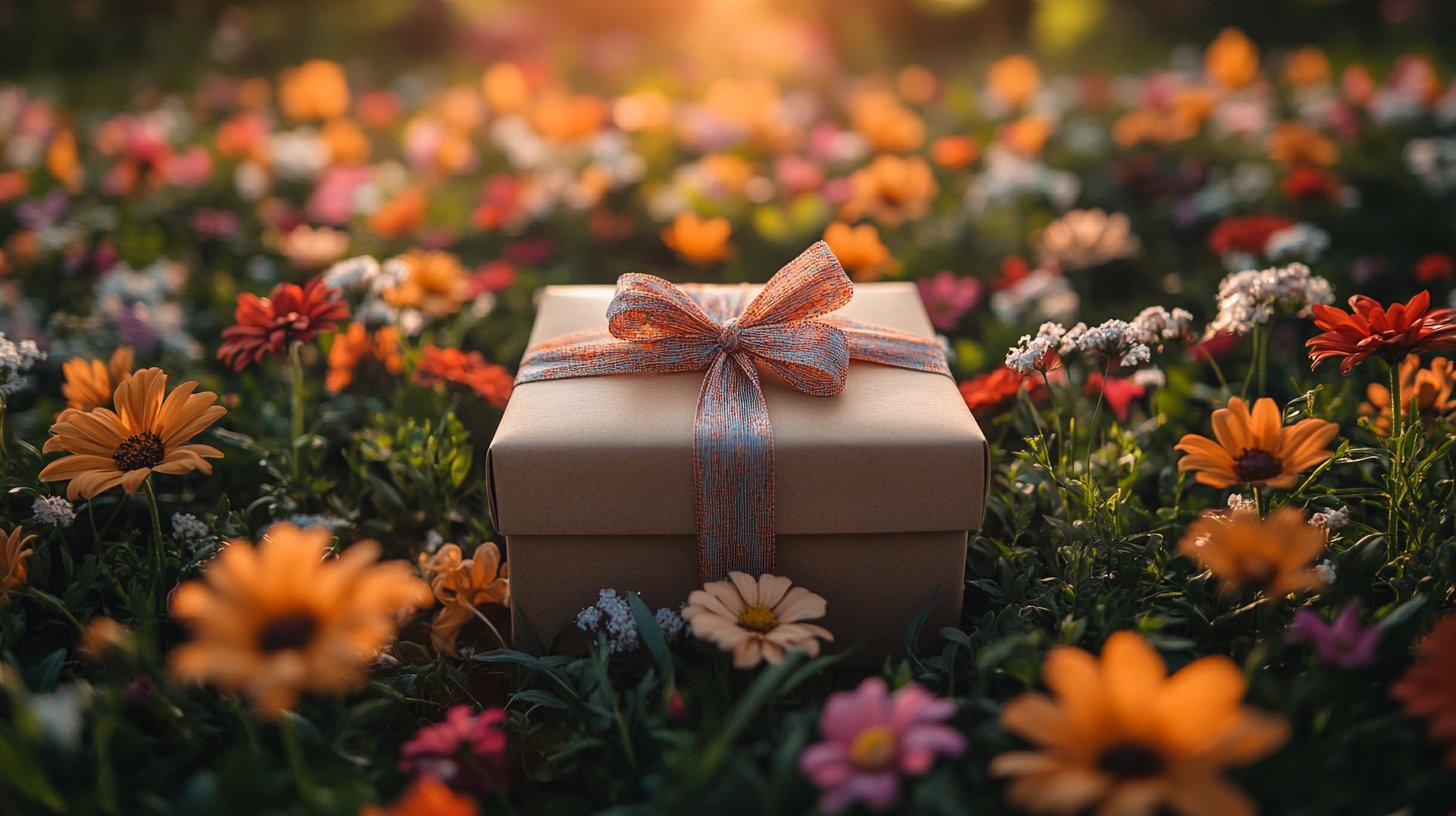 Ein schön verpacktes Geschenk im Parkumfeld mit Blumen und Ballons.