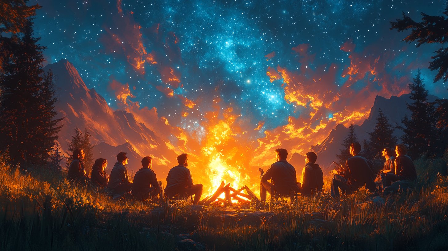 Freunde teilen humorvolle Geschichten am Lagerfeuer unter dem Sternenhimmel.
