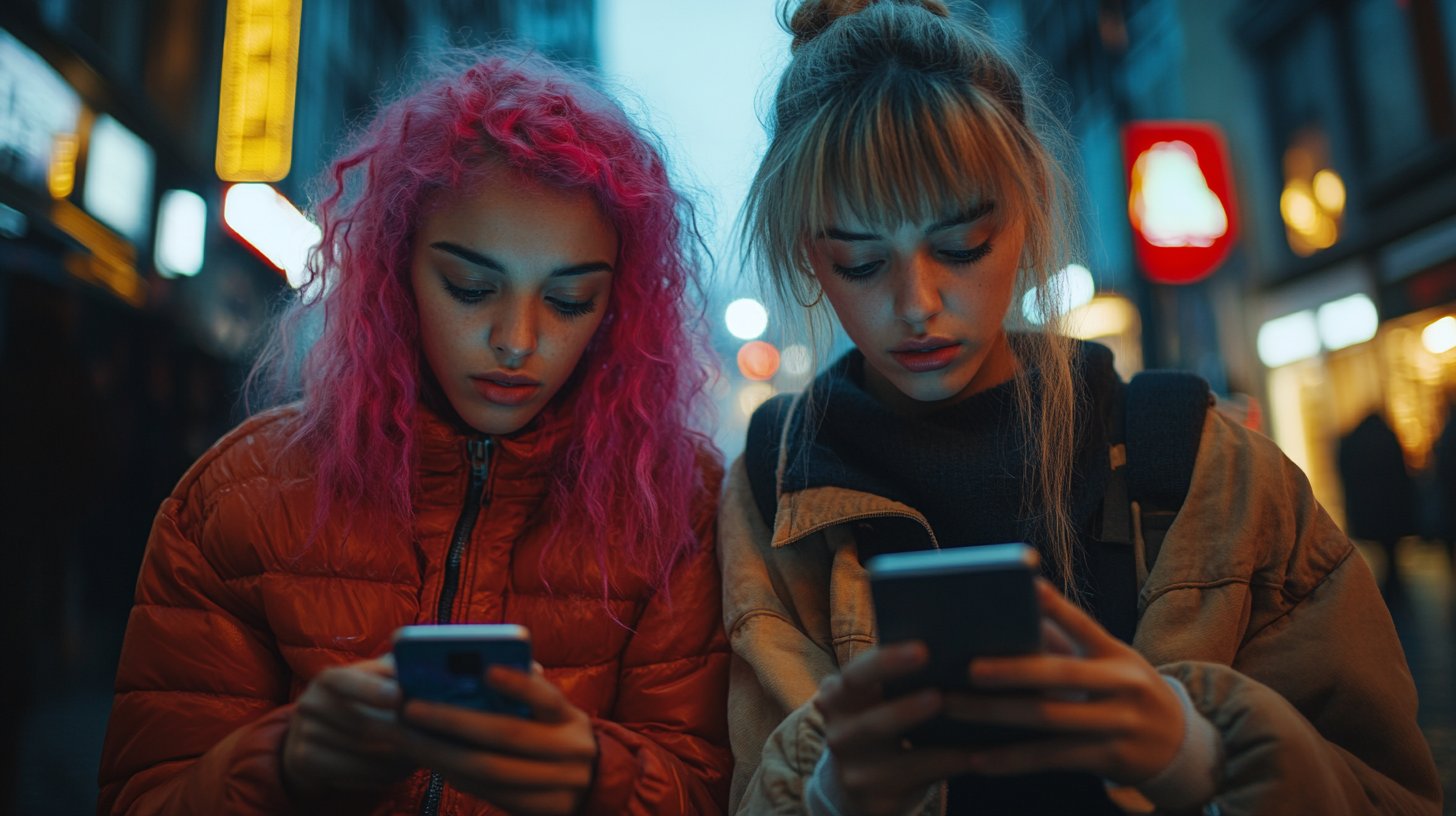 Deux personnes échangent des regards inquiets en textant.