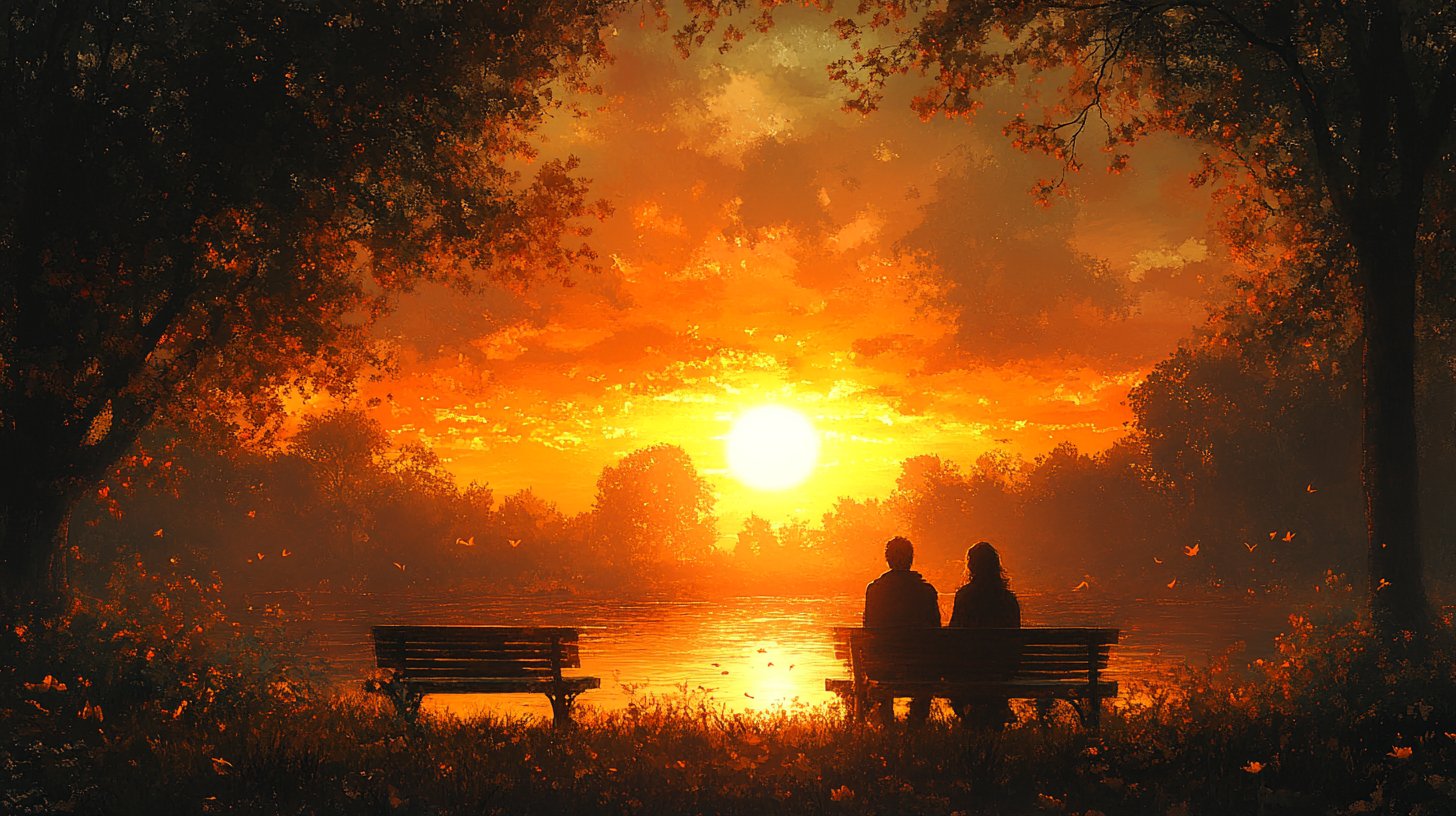 Un couple au parc, l'un lit pendant que l'autre regarde le coucher de soleil.