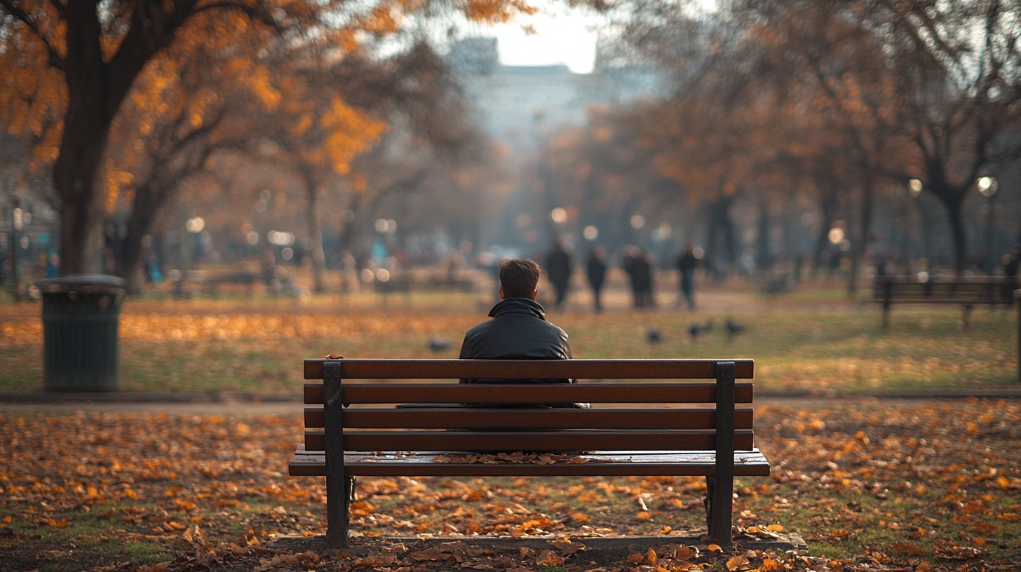 Ein einzelner Mensch auf einer Parkbank, isoliert von lachenden Freunden in der Ferne.