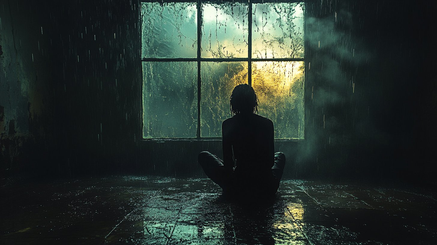 Ein dunkler Raum mit einer einsamen Figur, die aus dem Fenster schaut, symbolisiert Traurigkeit.