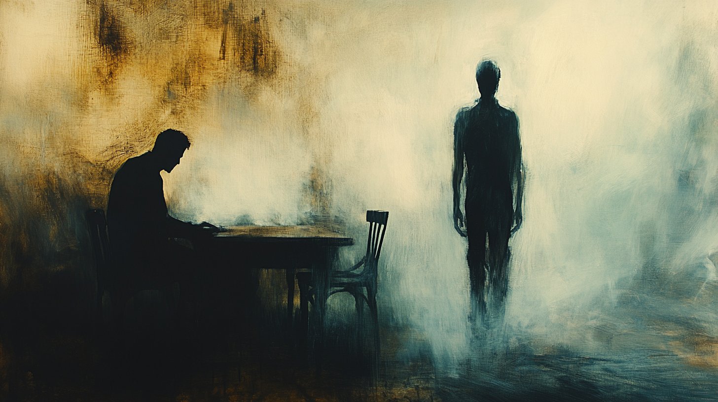 Une personne assise seule, l'autre debout, pensive.