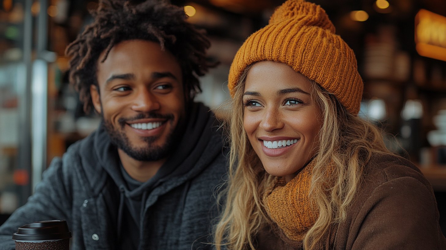Ein Paar genießt eine tiefe Unterhaltung bei Kaffee, echte Lächeln zeigen Interesse.