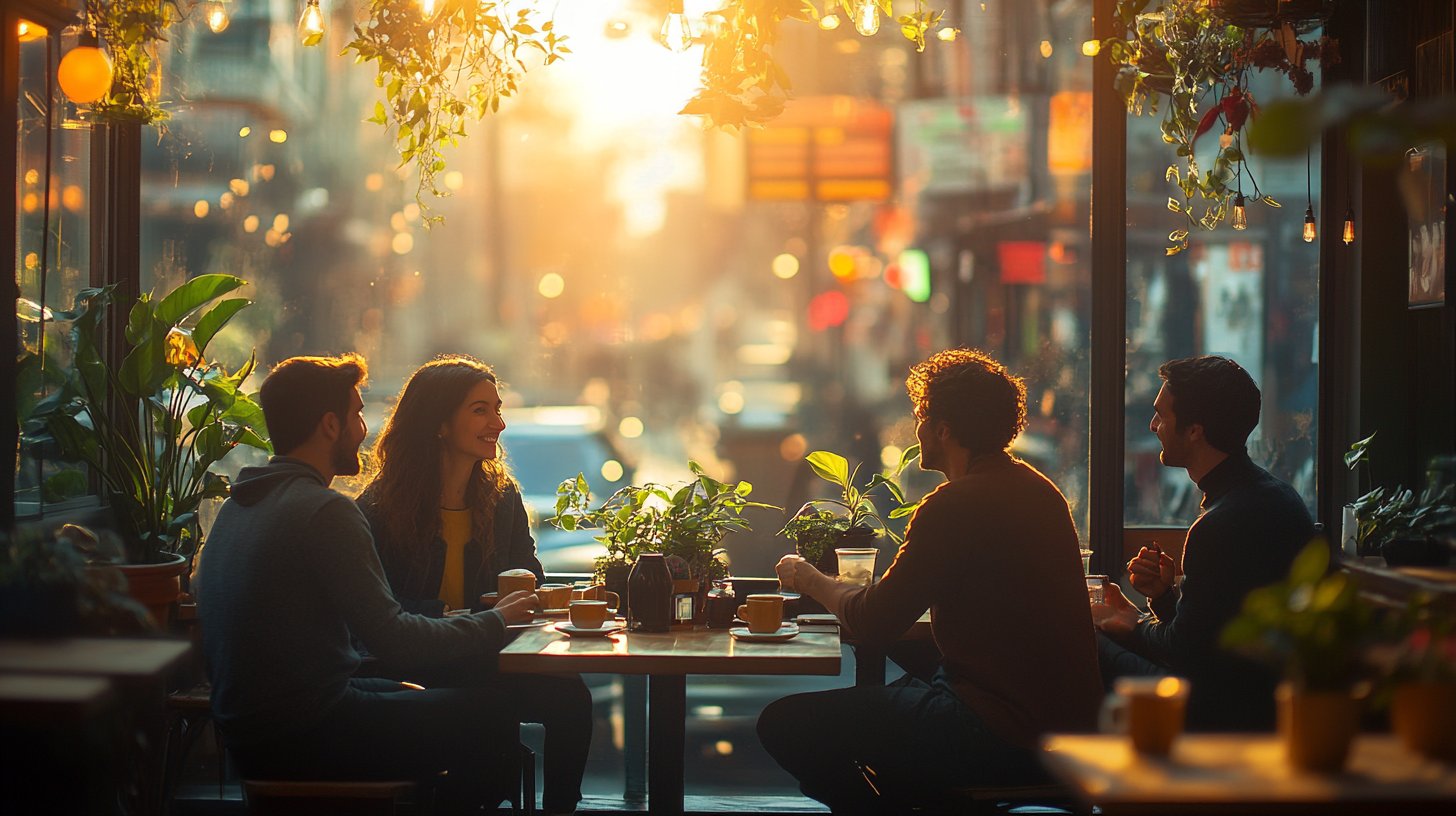 Una escena íntima de una cafetería con dos personas conversando.
