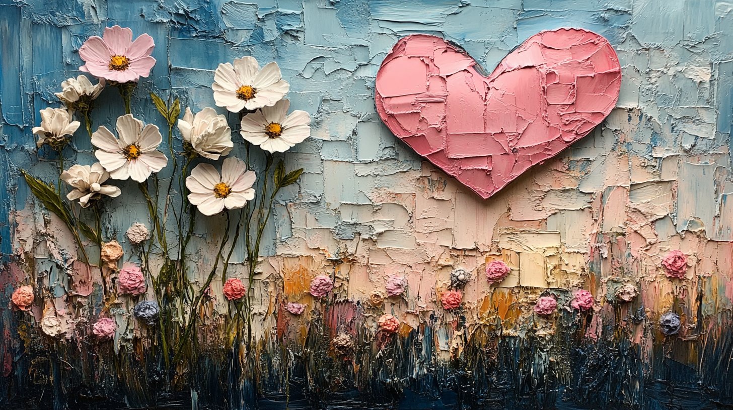 Arrangement artistique de lettres d'amour avec des fleurs et des pastels.