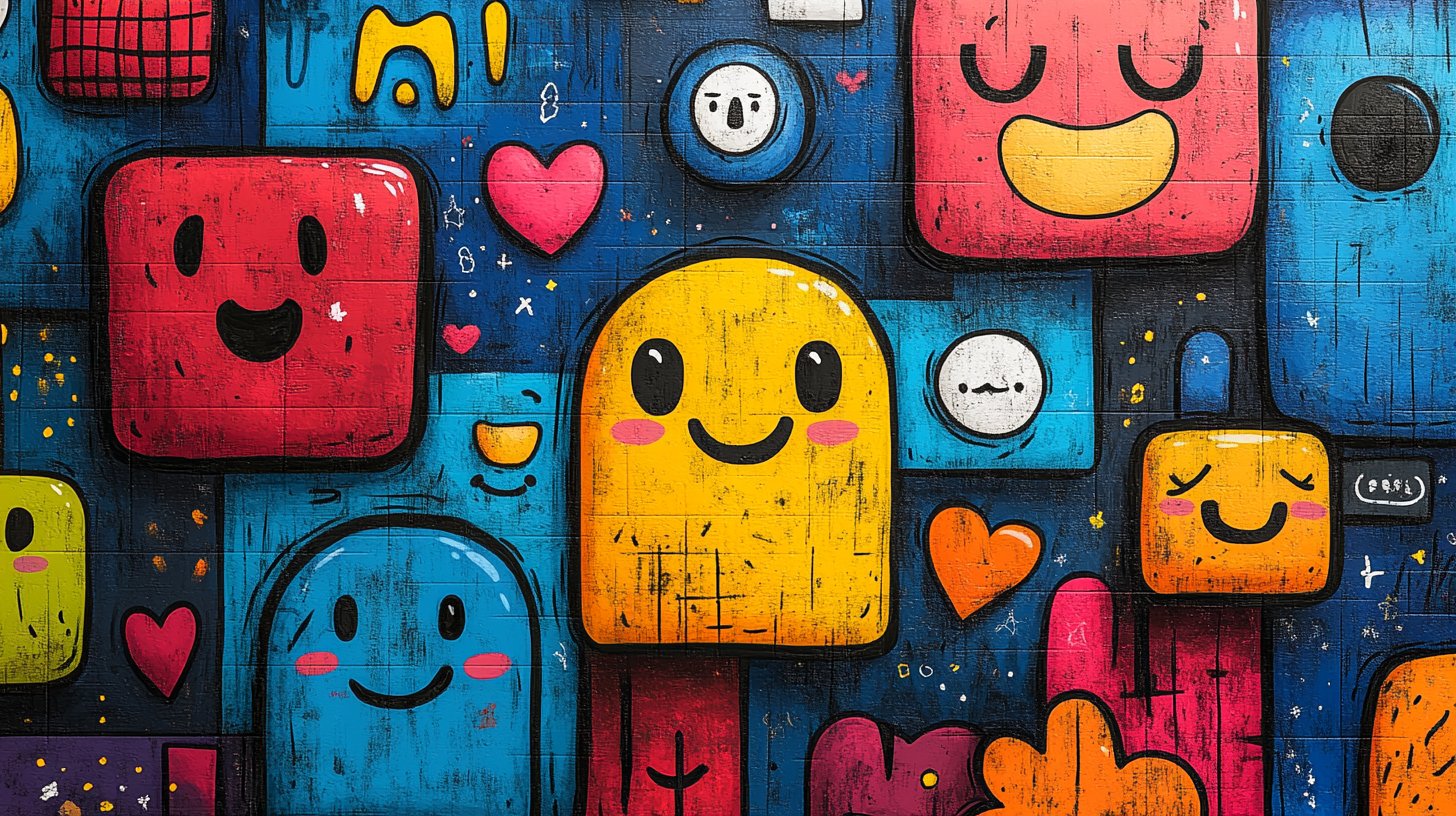 Messages texte illustrés de manière ludique avec des emojis et des gribouillis joyeux.