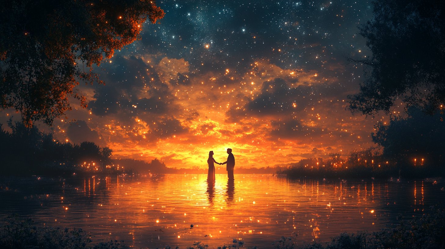 Un couple sous un ciel étoilé entouré d'éléments romantiques.