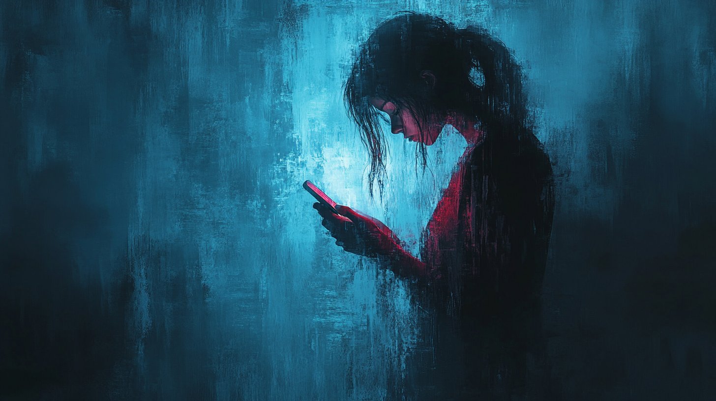 Eine Person, die ihr Handy fest umklammert, umgeben von dunklen Schatten.