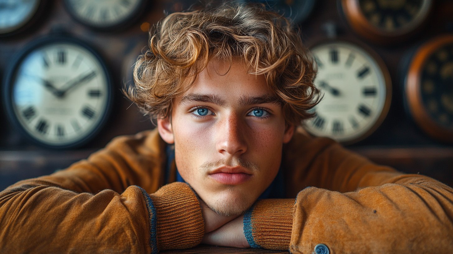 Eine nachdenkliche Person vor vielen Uhren, die ungewöhnliche Ausreden verkörpert.