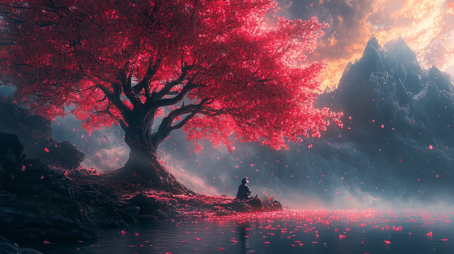 Autodescubrimiento debajo del árbol en flor.