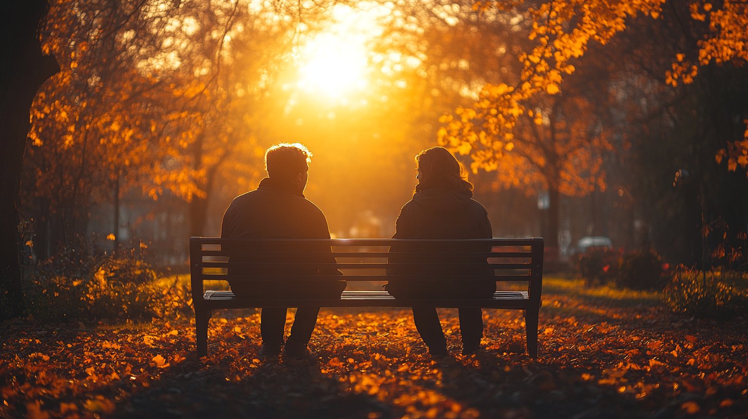 Zwei Personen führen ein ehrliches Gespräch auf einer Parkbank.