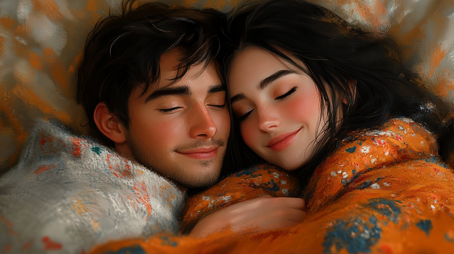 Pares abrazándose, atemporal y cálido.