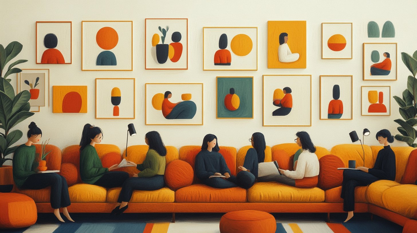 Variaciones creativas de abrazos en sala colorida.