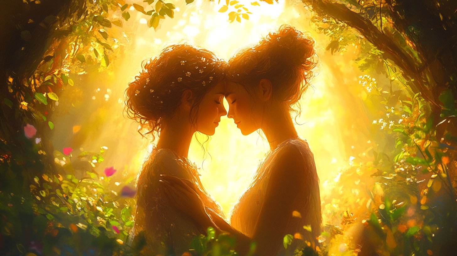 Eine beruhigende Szene, in der zwei Freunde sich in einem Garten umarmen.