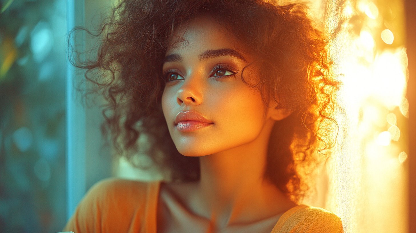 A woman gazes in the mirror, journaling positive affirmations in soft light.