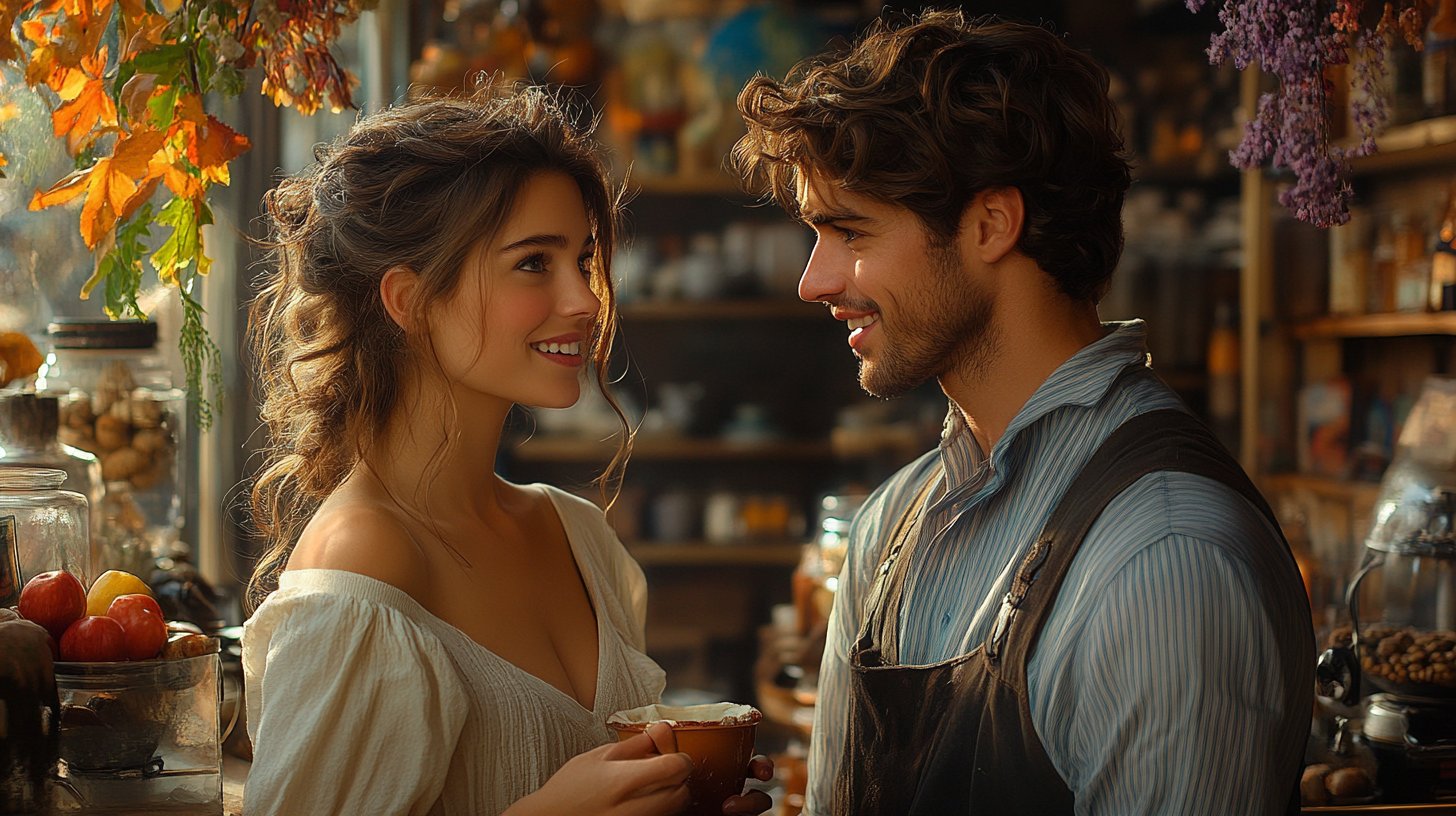 Two people in a cozy café share meaningful conversations and laughter.