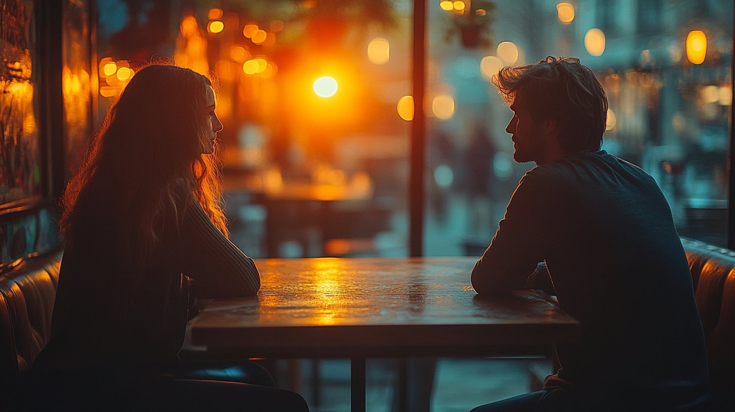 Emotionale Distanz zwischen zwei Menschen in kühlen Tönen.