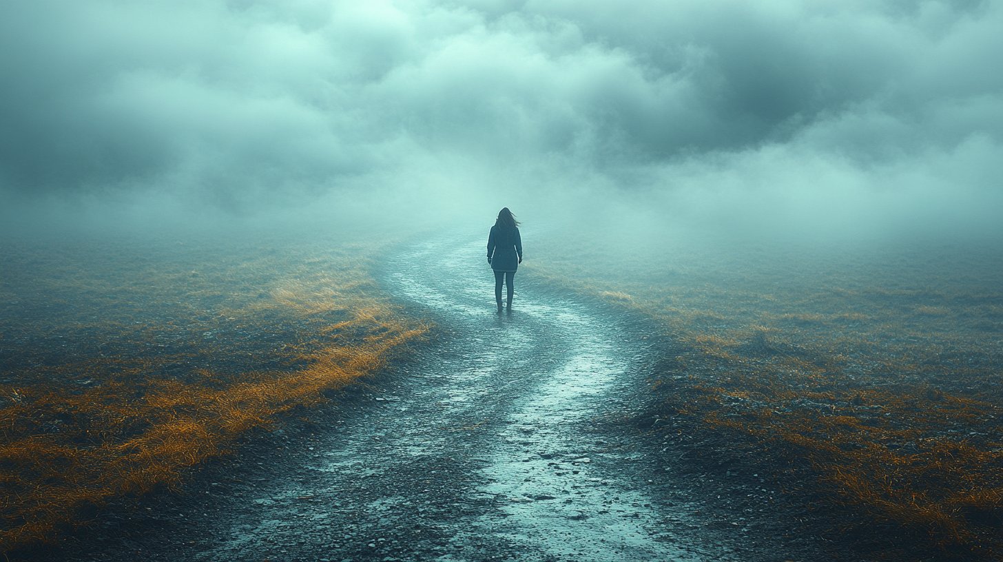 Eine Person am Scheideweg, zögert und blickt zurück.