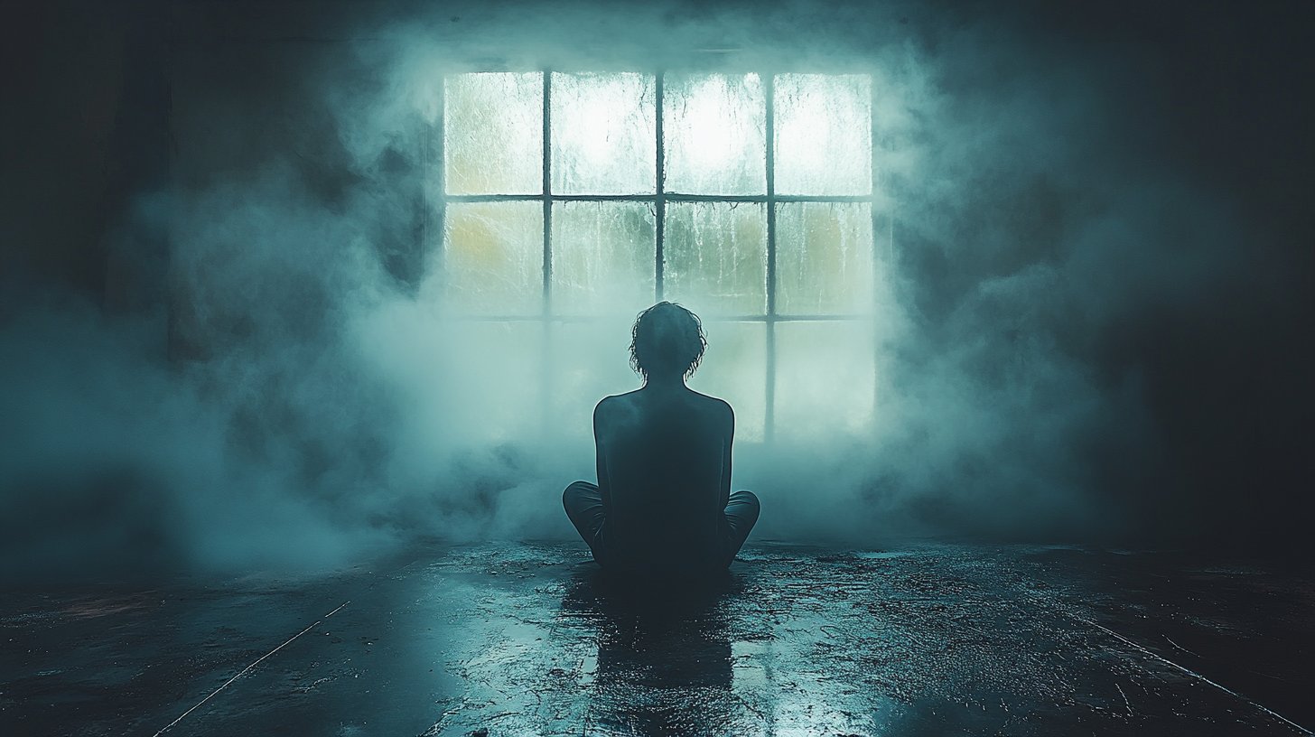 Eine einsame Figur in einem gedämpften Raum mit einem nebligen Fenster.