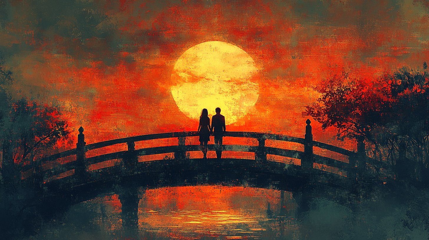 Dos personas caminan de la mano por un puente al atardecer.