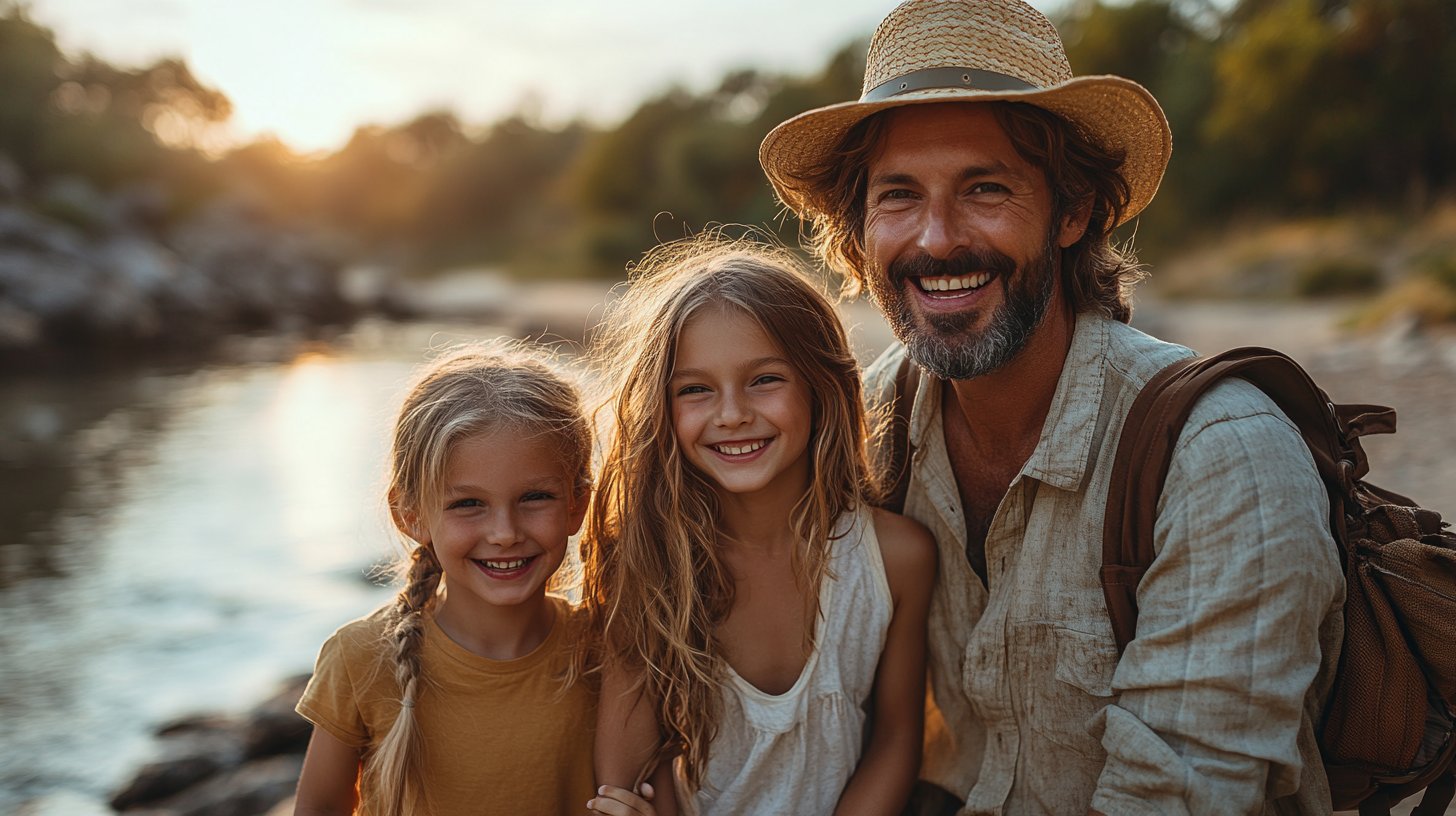 Padres toman de la mano a sus hijos sonrientes en un parque.