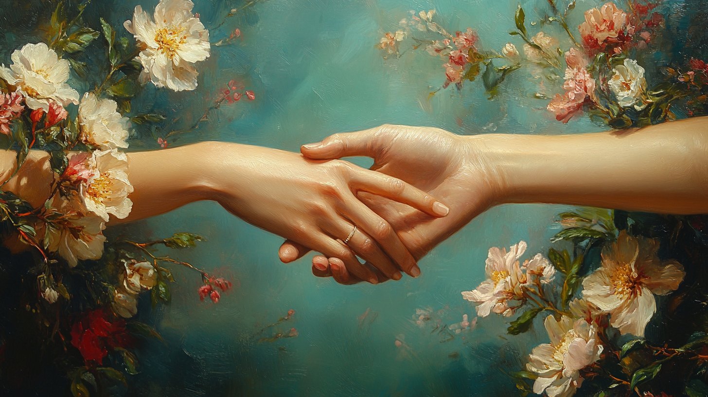 Primer plano de manos entrelazadas con elementos florales.