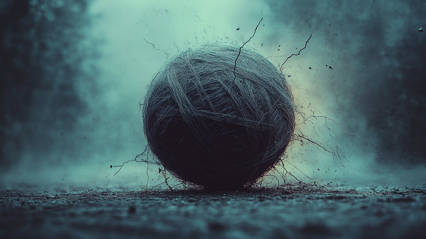 Ein verworrener Ball aus Fäden zeigt ungelöste Konflikte und den Hoffnungsschimmer.