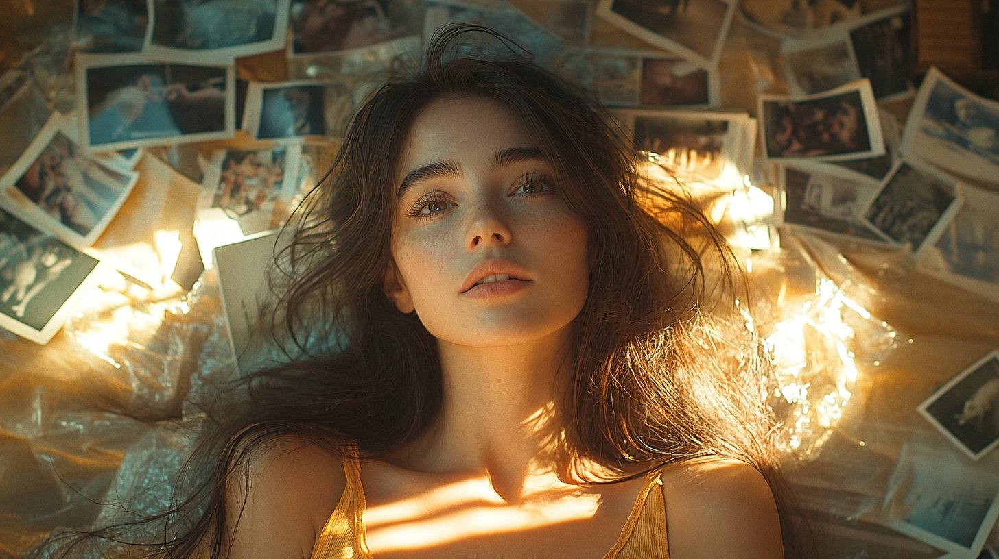 Eine nachdenkliche Frau betrachtet Erinnerungen in einem warmen Licht.