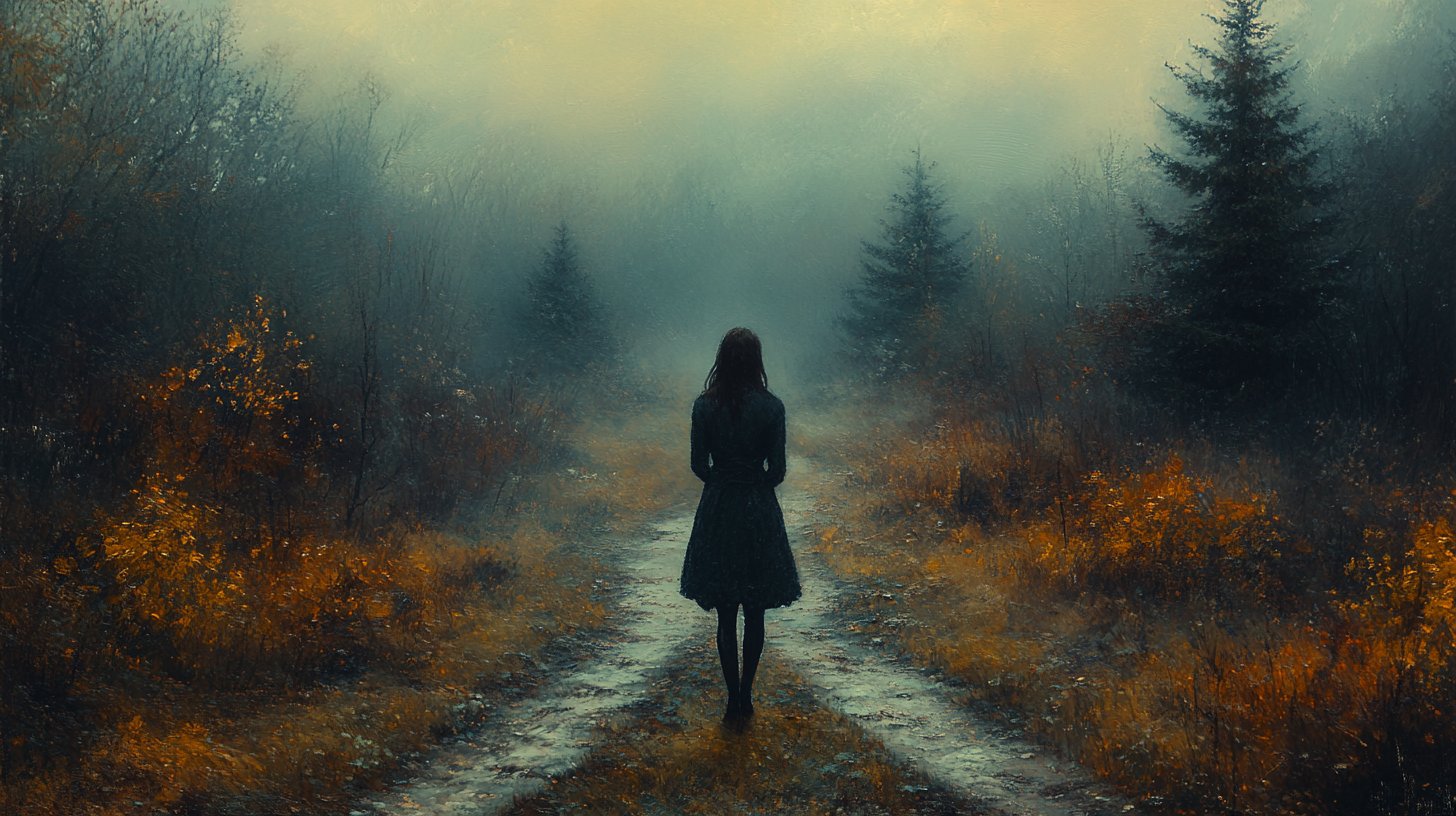 Eine Frau an einer Weggabelung im Wald, nachdenklich und entschlossen.