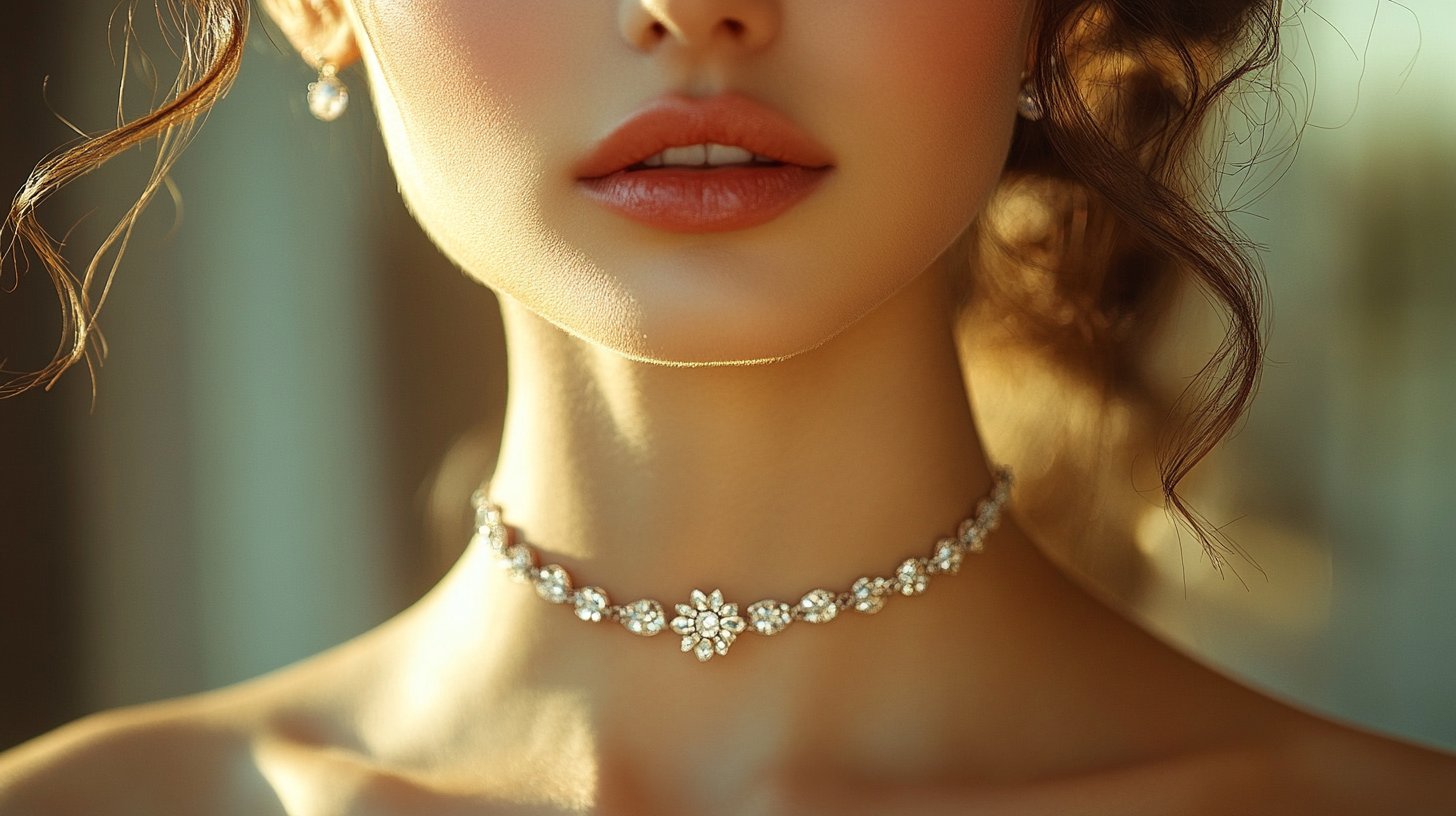 Nahaufnahme von den Hälsen eines Paares, das sanft zusammenstößt.