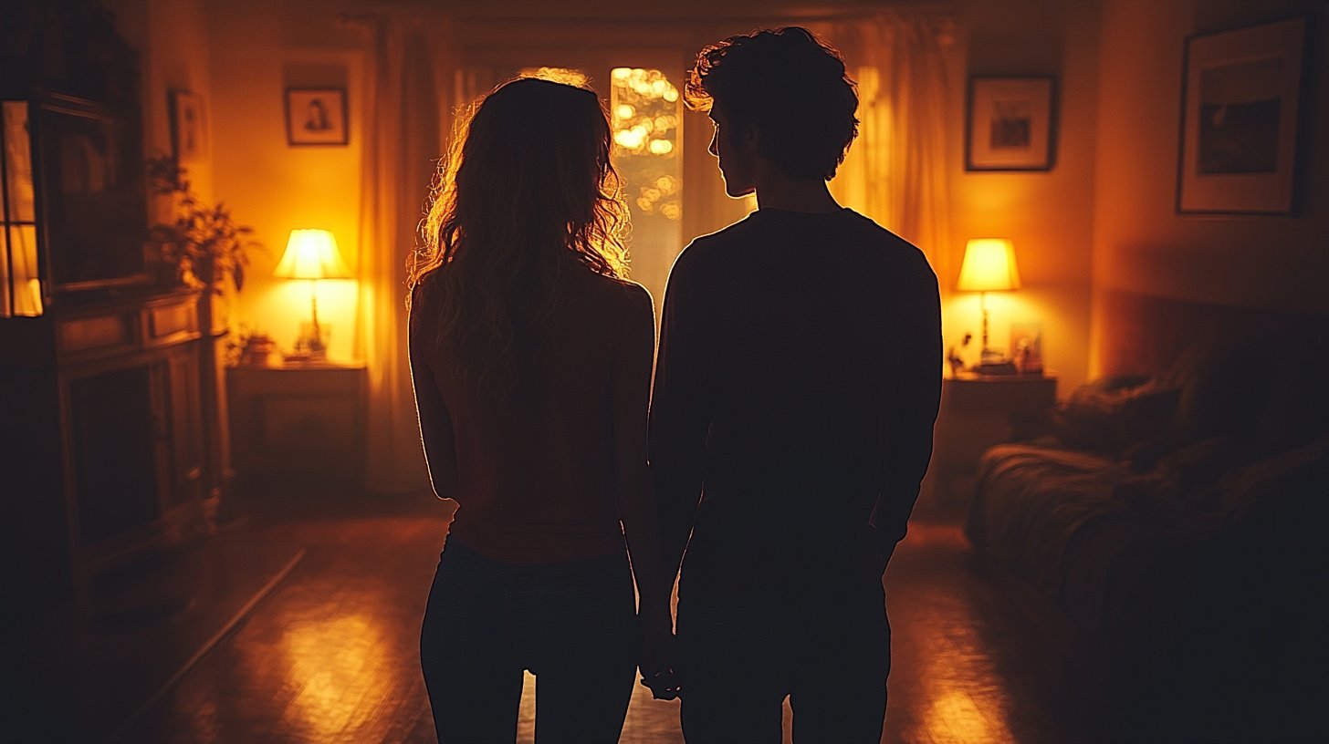 Two people turning away from each other in a dimly lit room.