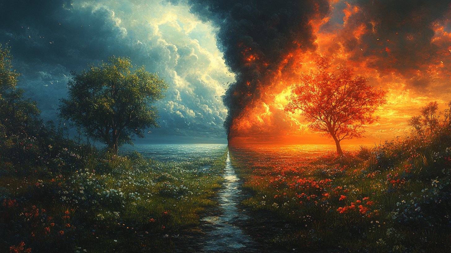 A split path in a serene landscape, one side bright and the other dark.