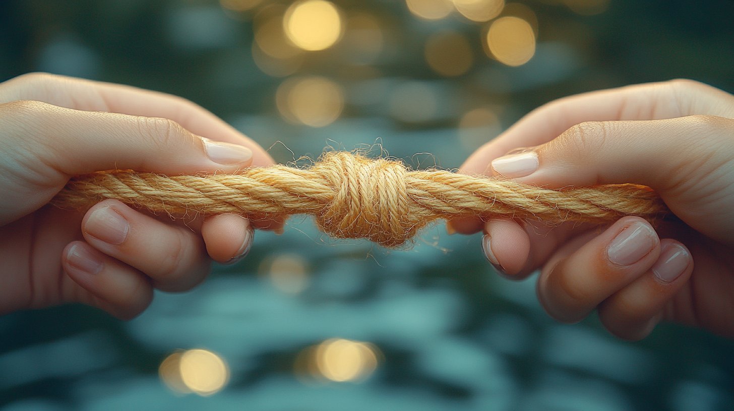 A tangled string as two hands work to untangle it.