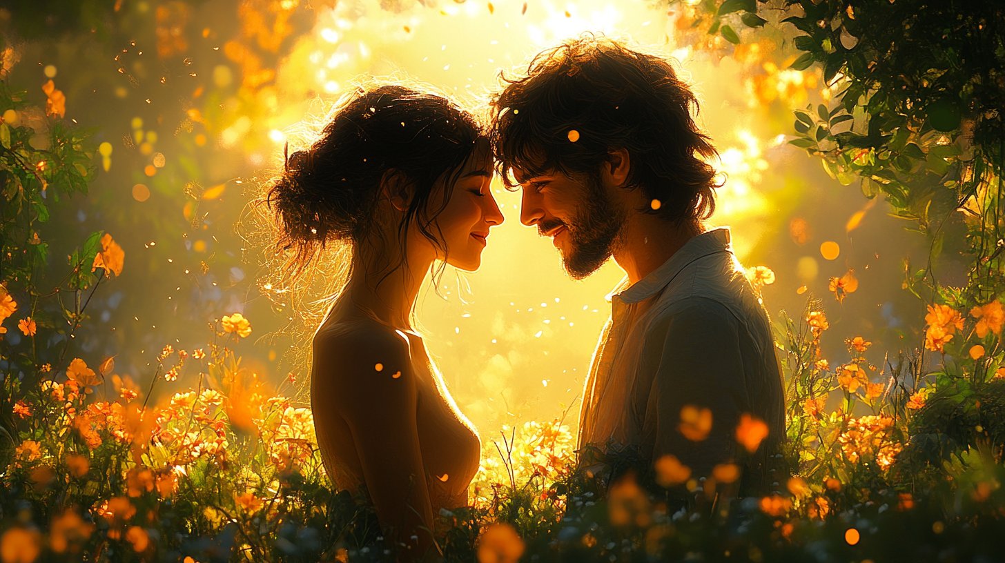 Una coppia abbracciata sotto un cielo stellato.