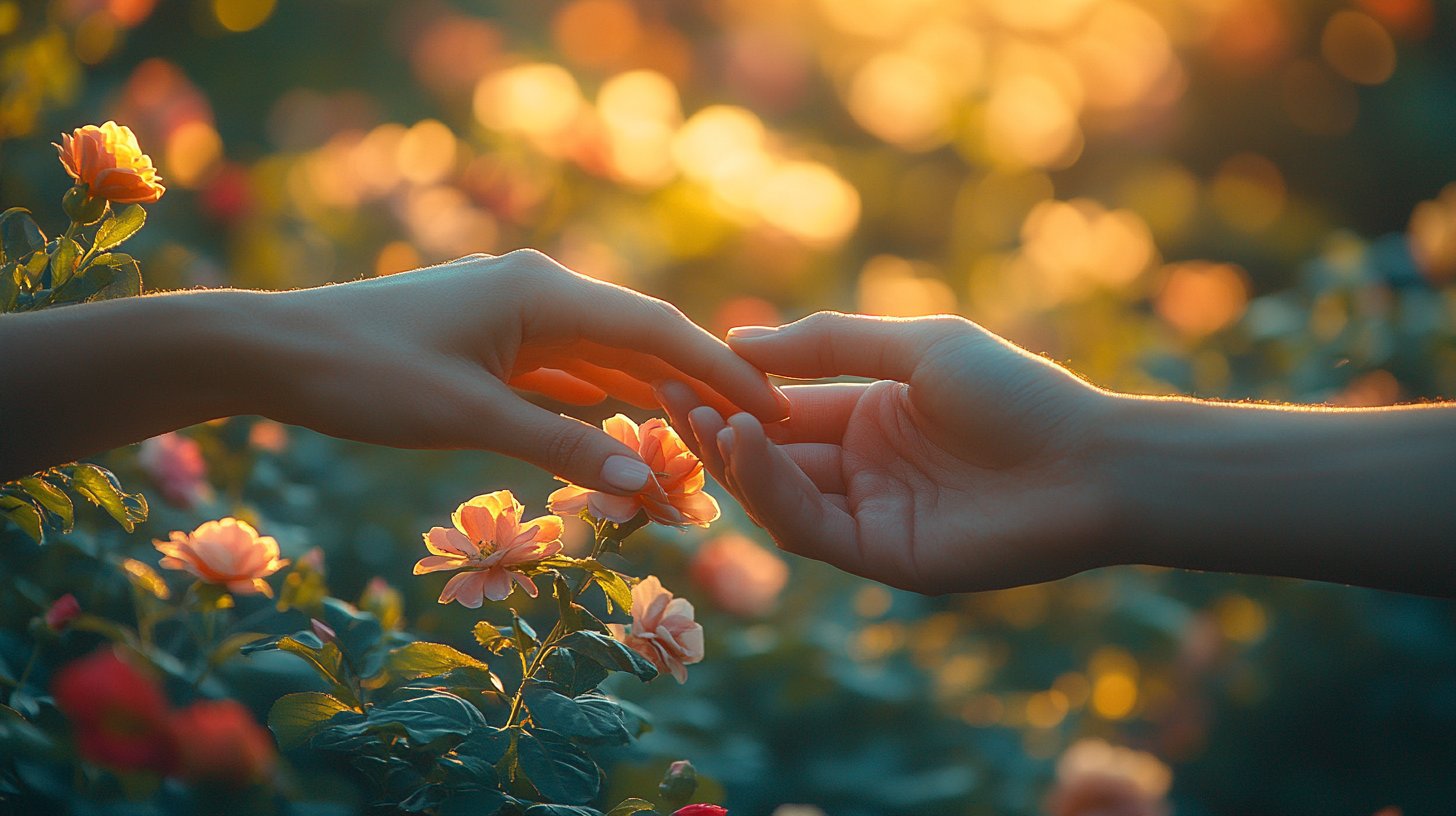 Due mani che si toccano dolcemente, simboleggiando unità e comprensione.