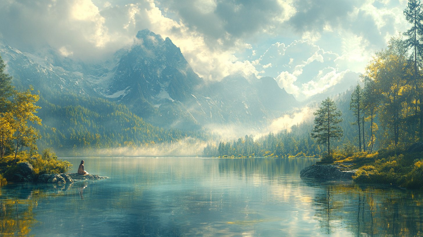 Eine friedliche Landschaft mit einer reflektierenden Person in der Natur.