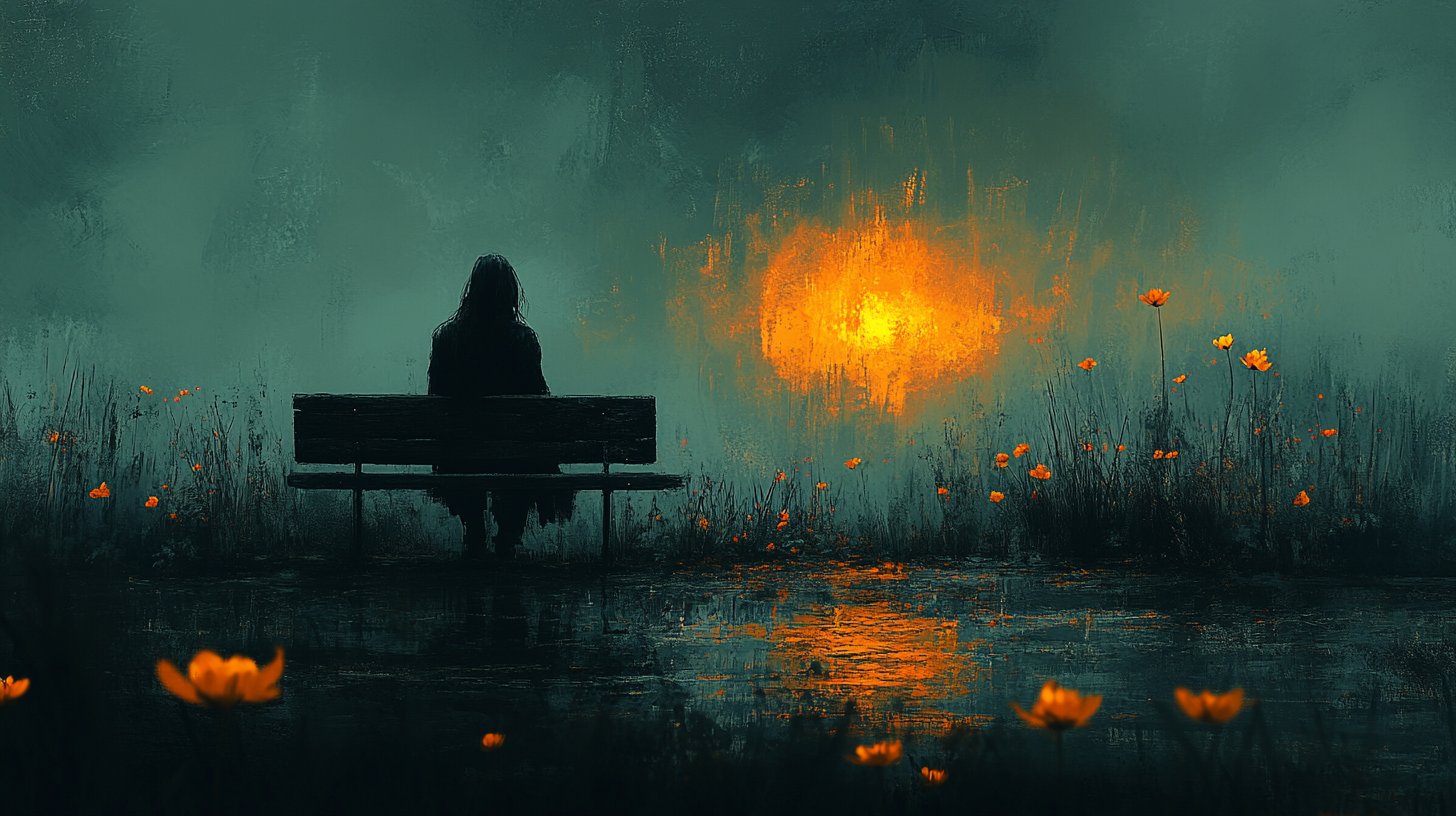 Eine einsame Person auf einer Bank, nachdenklich und verloren.