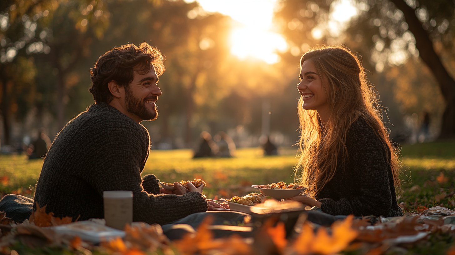 Una coppia che ride durante un picnic nel parco.
