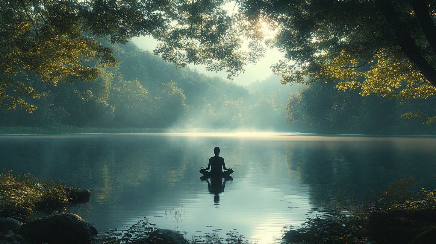 Jemand meditiert am ruhigen See, um Heilung und Selbstentdeckung zu erfahren.