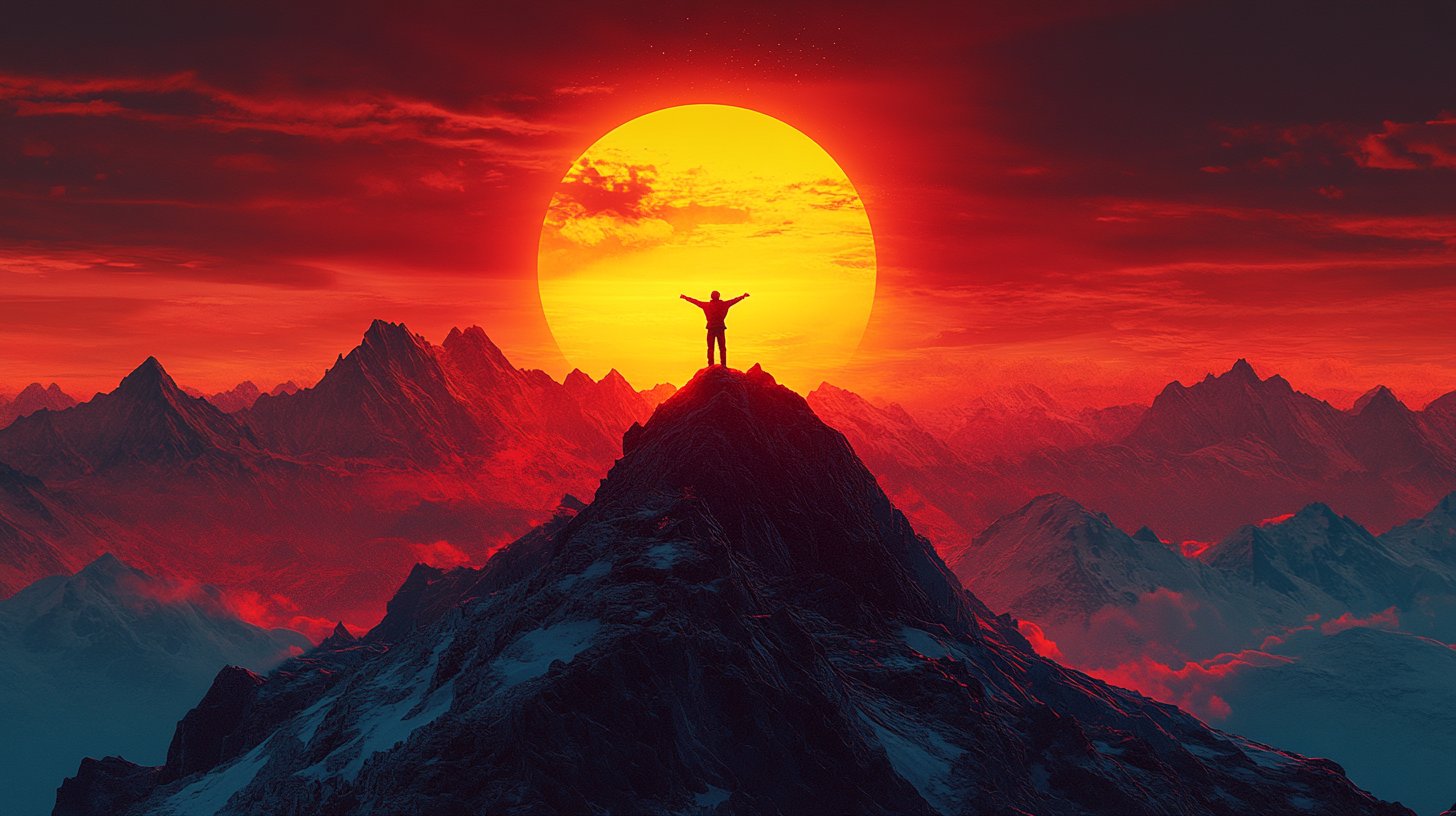 Eine Person steht triumphierend auf dem Berg und blickt auf einen atemberaubenden Sonnenaufgang.