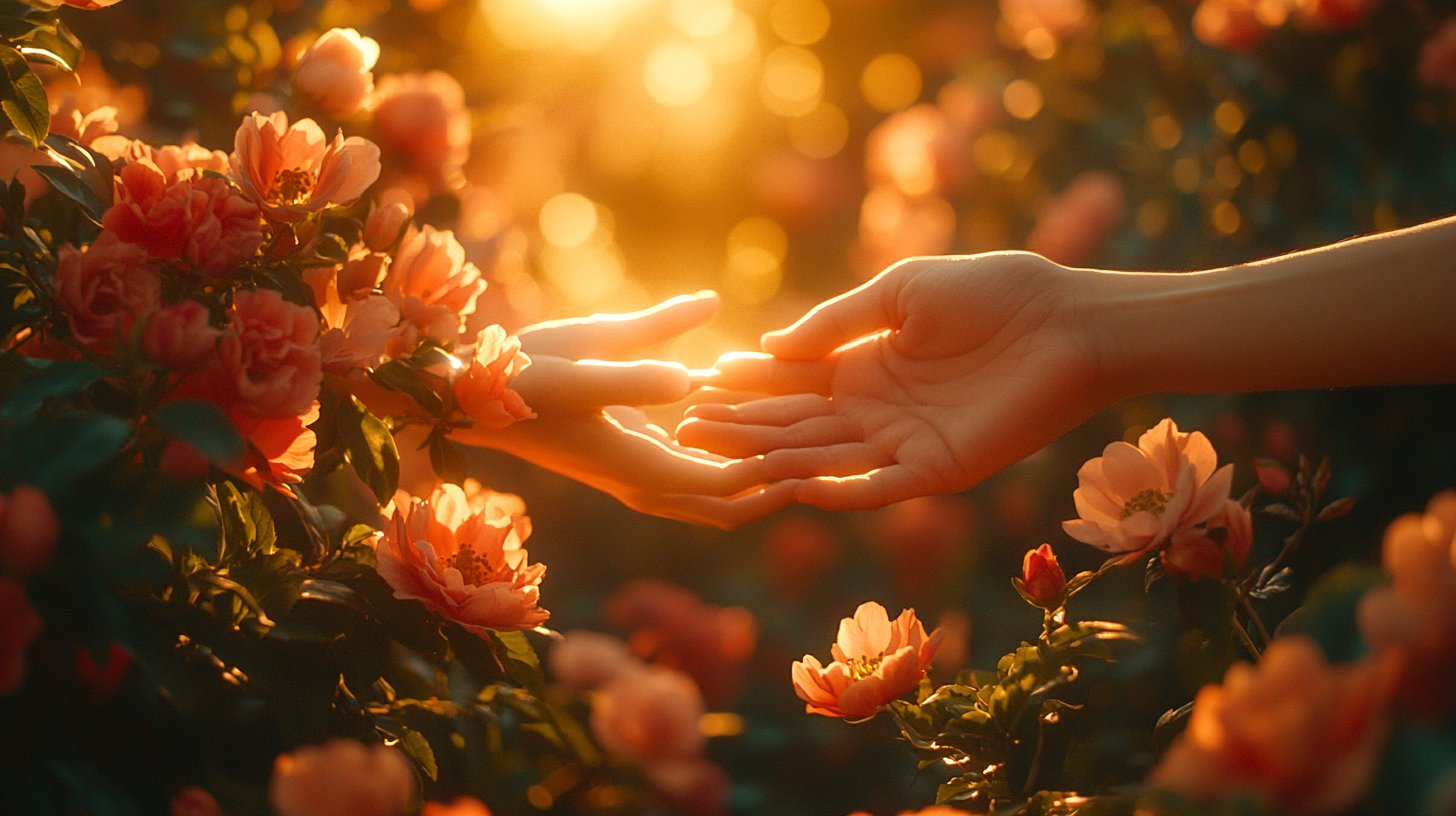Un'immagine piena di speranza di due mani che si cercano in una luce calda, simboleggiando l'apprendimento a riporre fiducia.