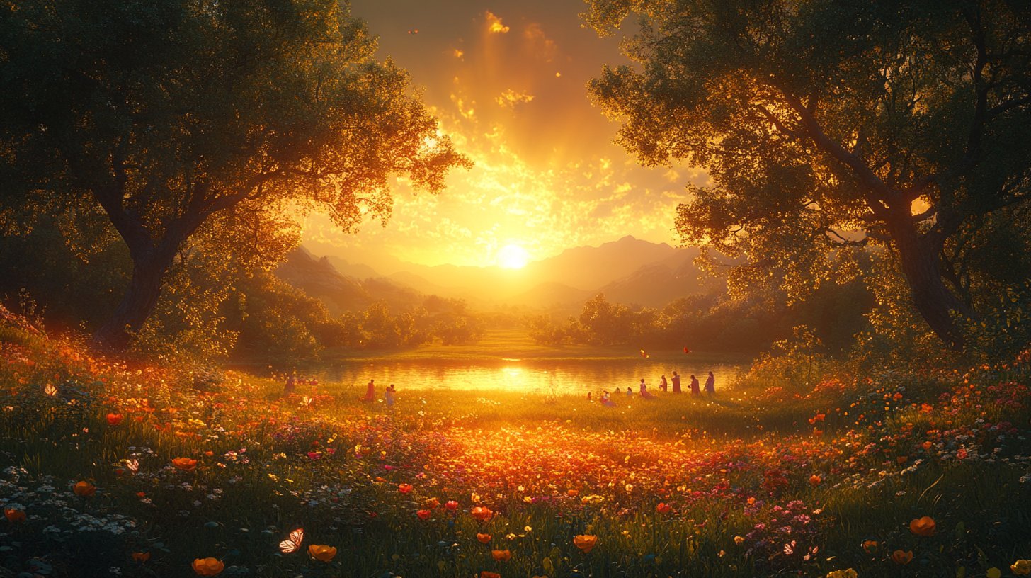 Una scena gioiosa che mostra risate e connessione tra amici che ballano in un parco vibrante sotto un cielo blu luminoso.