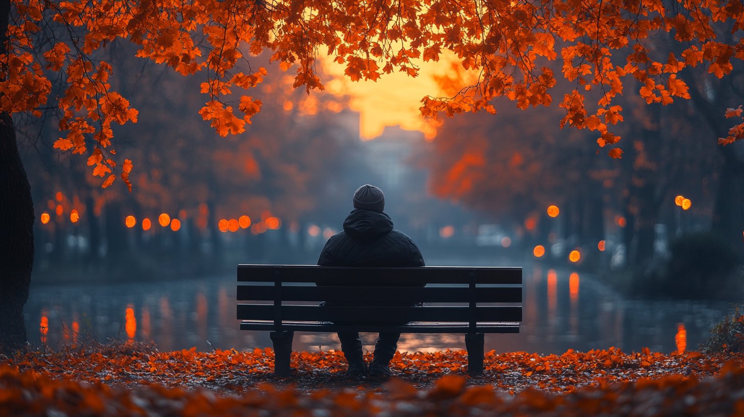 Une figure solitaire sur un banc de parc, entourée de feuilles d'automne, regarde au loin.