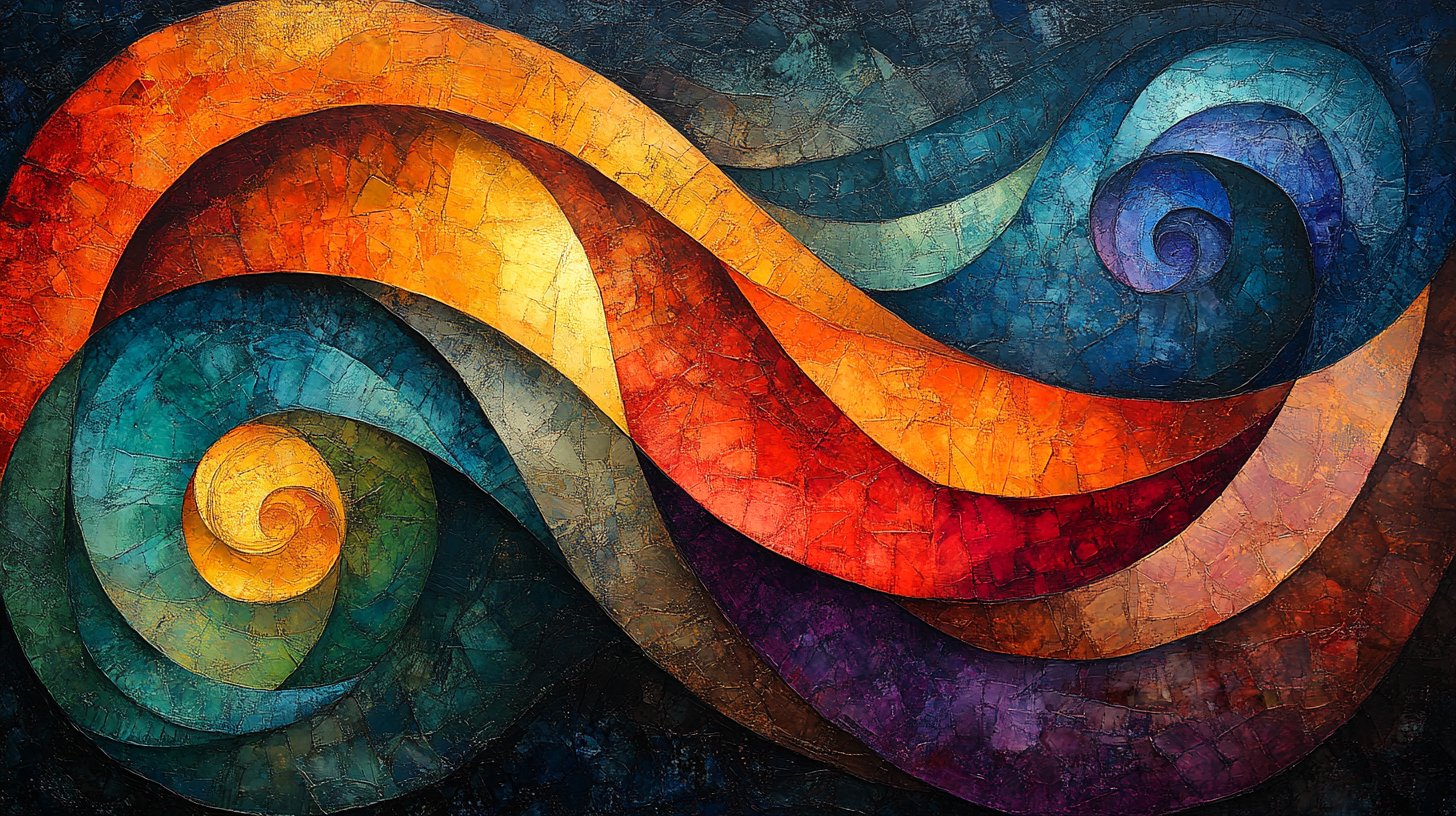 Eine Collage aus bunten abstrakten Formen, die die zyklische Natur von Gedanken und Erinnerungen darstellt.