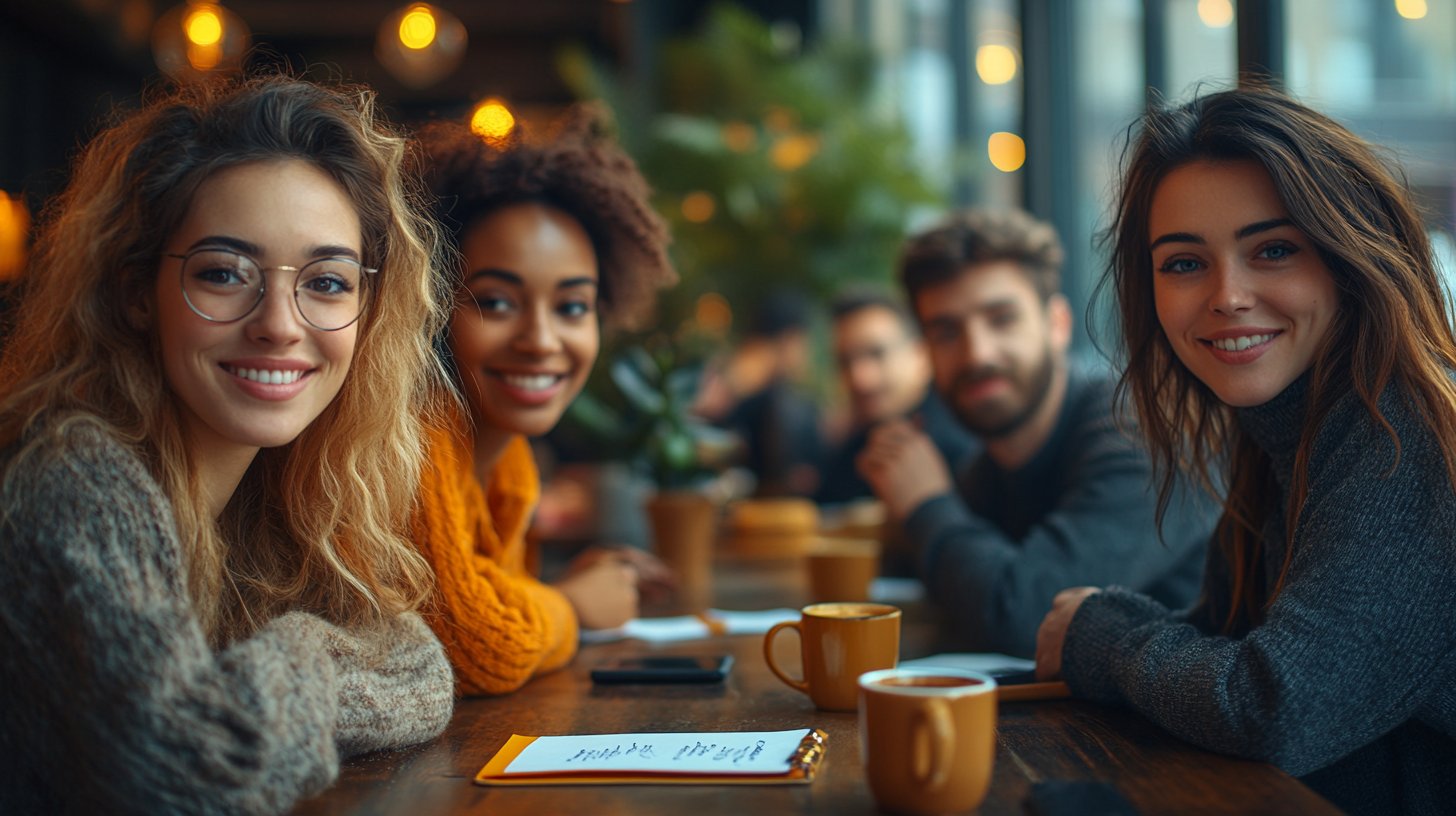 Zwei Personen in einem herzlichen Gespräch in einem gemütlichen Café.